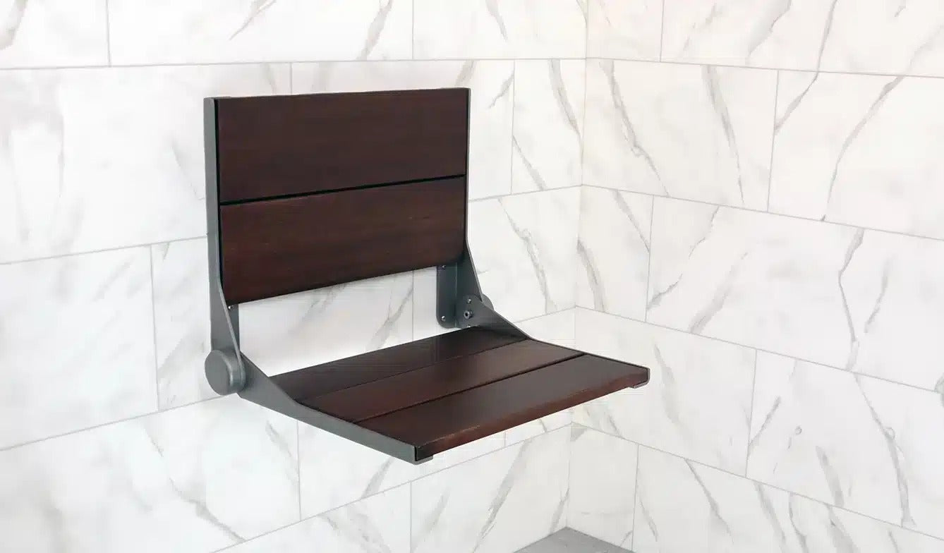 Invisia™ SerenaSeat™ 2.0 Aluminum, 18" Width, Medium Stain, Matte Grey Frame - $450
