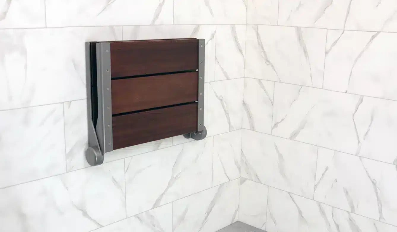Invisia™ SerenaSeat™ 2.0 Aluminum, 18" Width, Medium Stain, Matte Grey Frame - $450